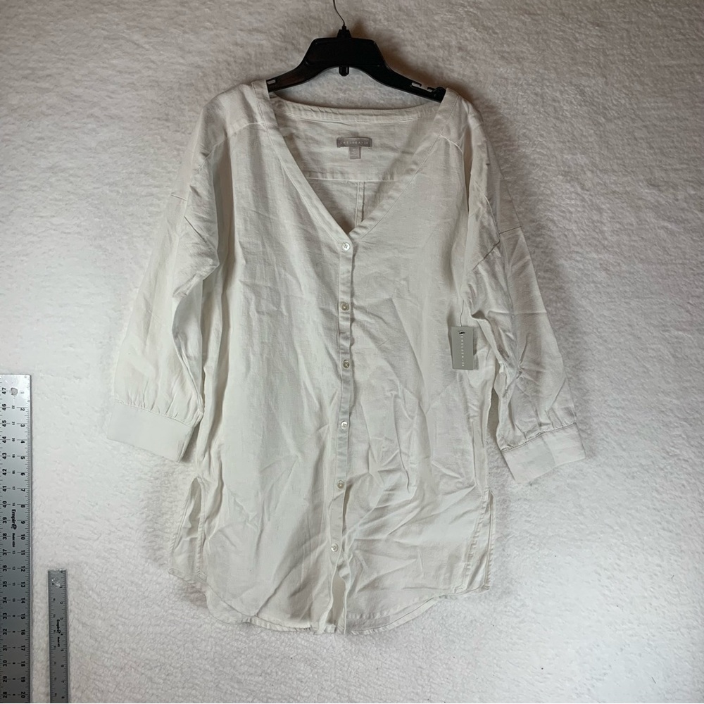 Chelsea28 Tunic Womens XS Linen Side Vents Long Sleeve Button White‎ NWT 5750